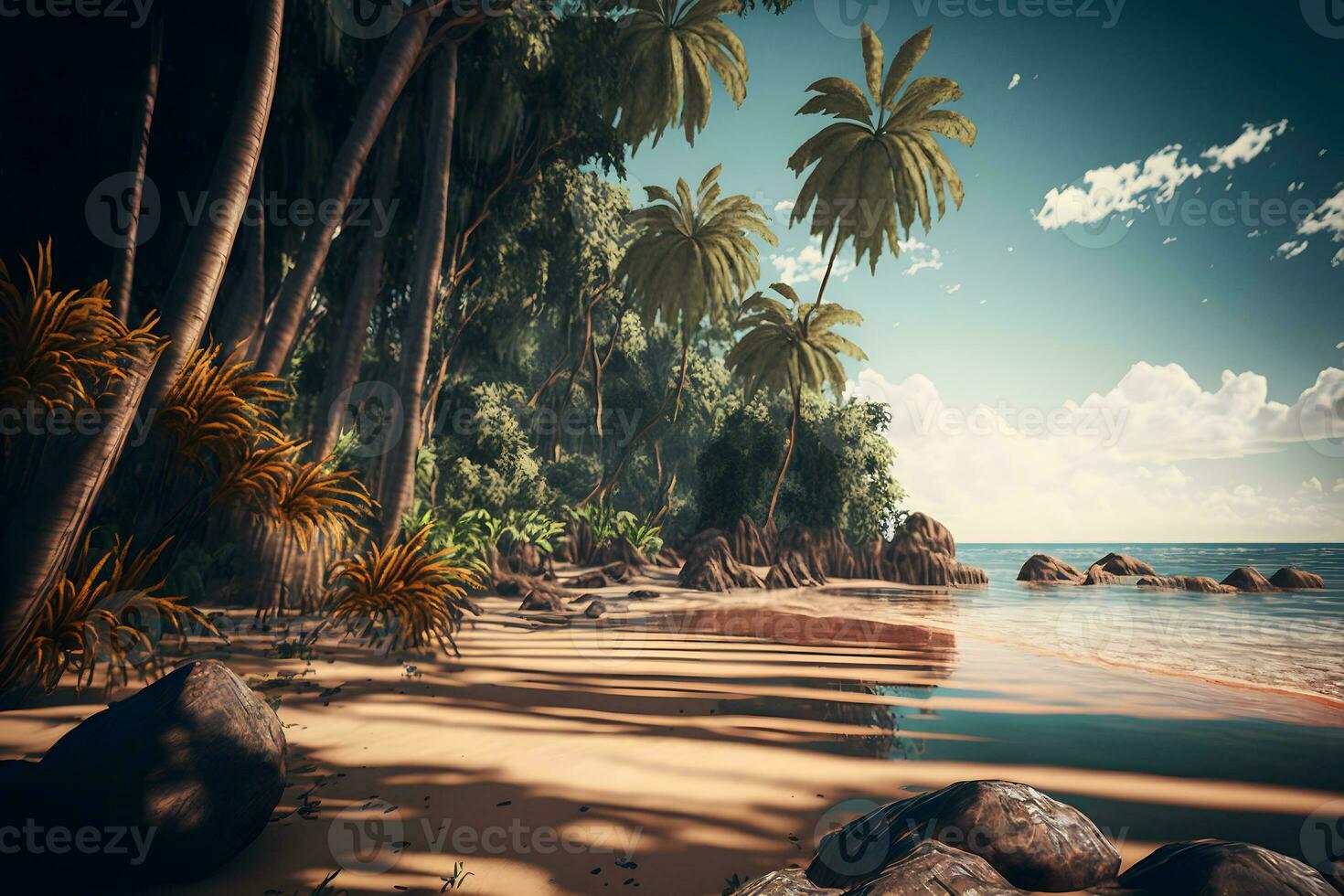 Magnificent Seychelles or Maldives mood. Luxury getaway place with palm trees and sea water. Neural network generated art photo
