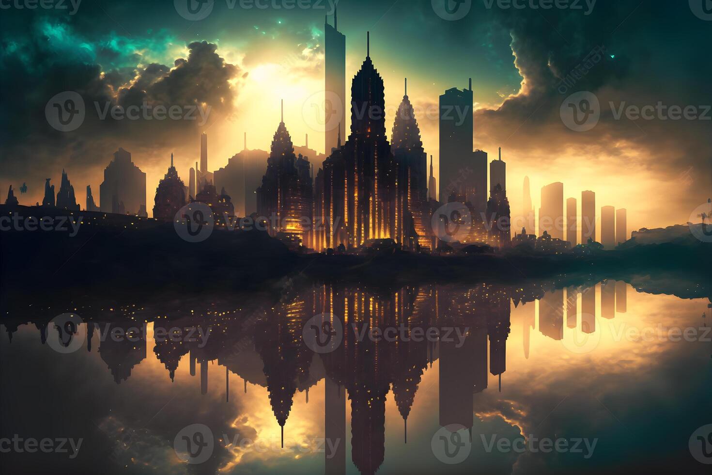 Urban cityscape on water being backlit by a glowing eclipse. Neural network generated art photo