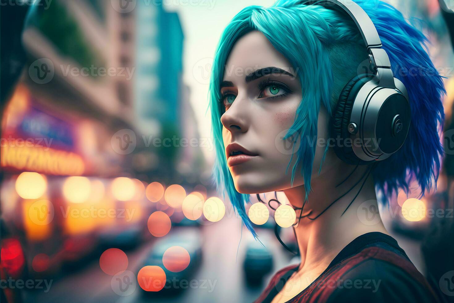 Portrait of young girl with blue hair listening music with headphones on city street. Neural network generated art photo