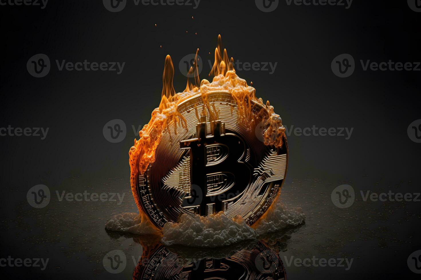Burning bitcoin on fire flame on black background. Neural network generated art photo