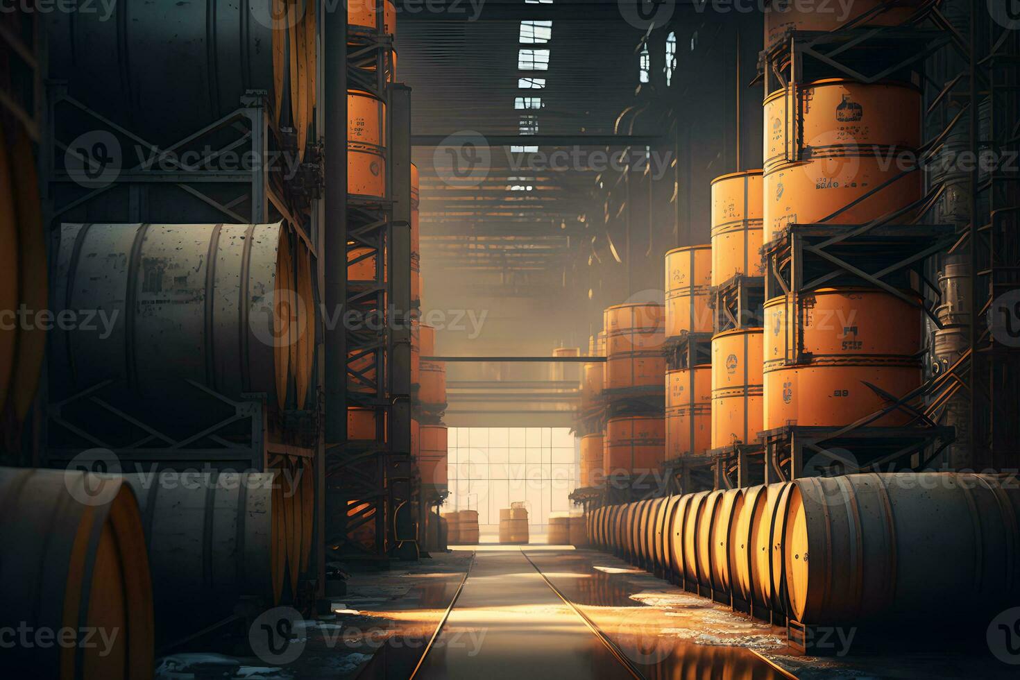 Stacks of oil barrels in oil refinery warehouse. Neural network generated art photo