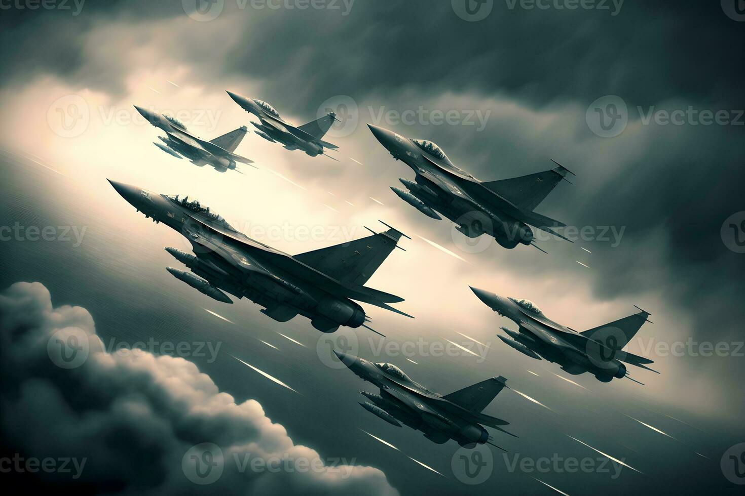 Formation of destroyer jets float in sky during aviation battle. Neural network generated art photo