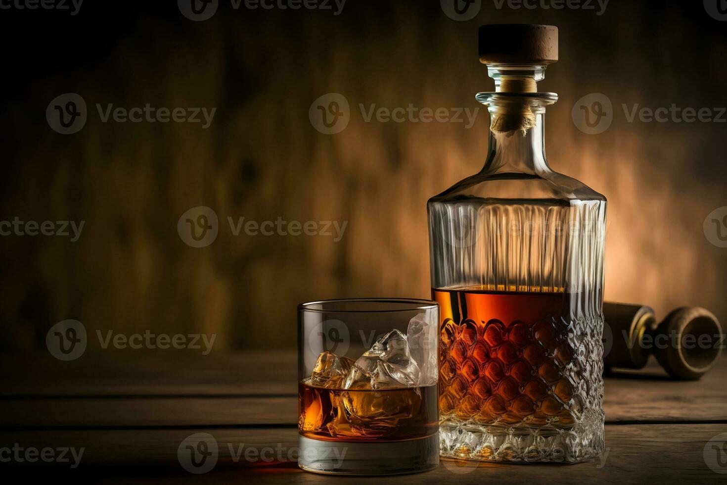 Old whiskey glass close to vintage bottle on wooden table. Neural network generated art photo