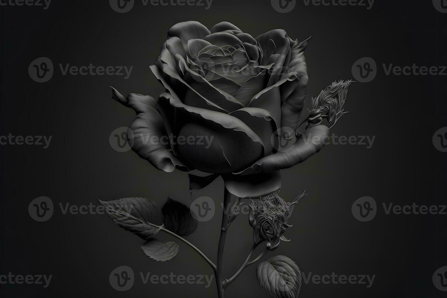 Black monochrome rose flower on deep dark background. blue and purple color tones. Neural network generated art photo