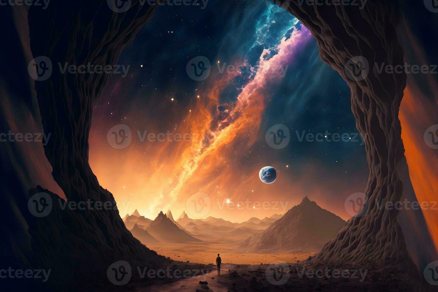 Abstract mystical small silhouette against fairytale night epic sky in blue and orange tones. Neural network generated art photo