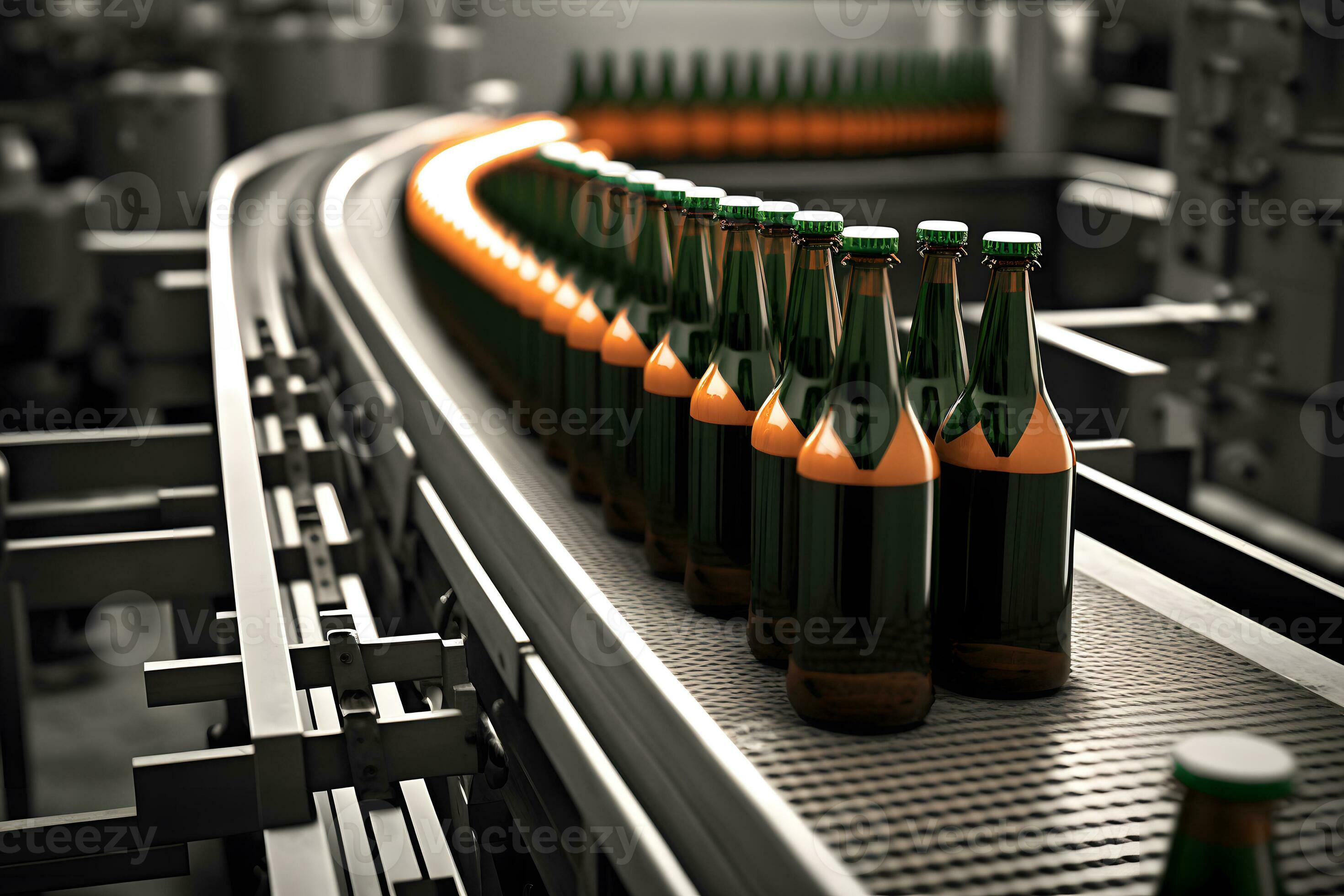 Beer bottles on the conveyor belt. Beverage manufacturing brevery