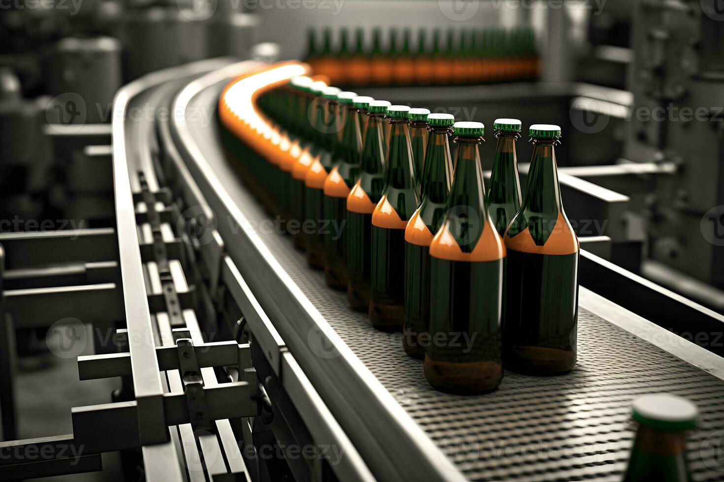 cerveza botellas en el transportador cinturón. bebida fabricación brevería. neural red generado Arte foto
