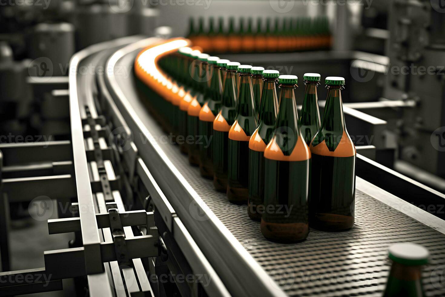 Beer bottles on the conveyor belt. Beverage manufacturing brevery. Neural network generated art photo