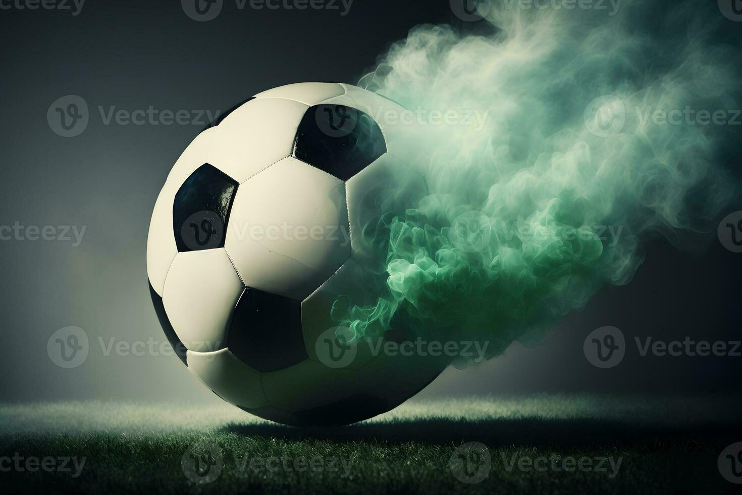 Traditional soccer ball on soccer field on green grass with dark toned foggy background. Neural network generated art photo