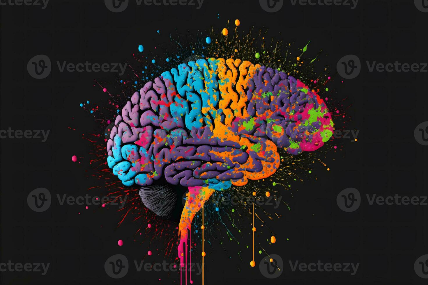 Human brain in colorful splashes on black background. Neural network generated art photo