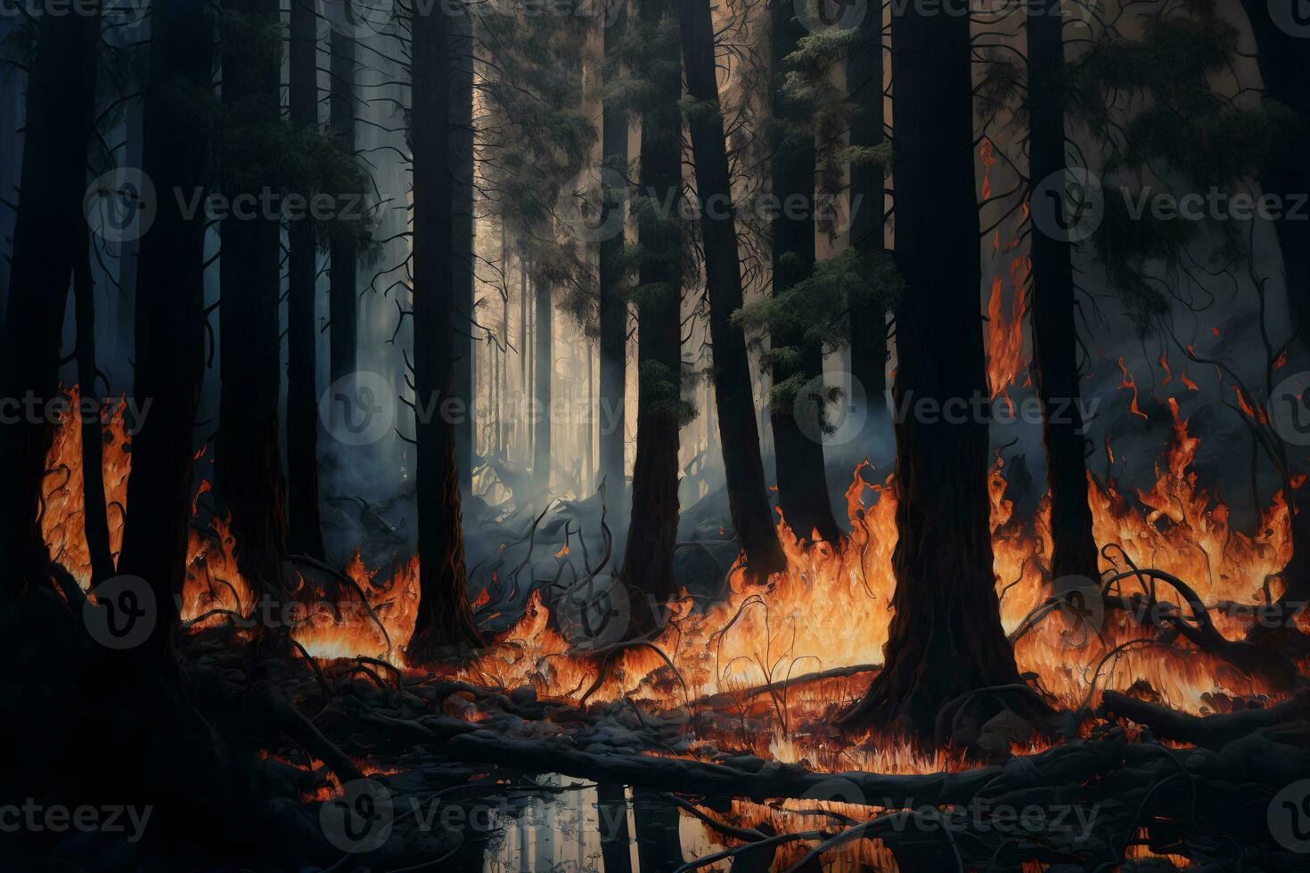 Large flames of forest fire accident. Neural network generated art photo