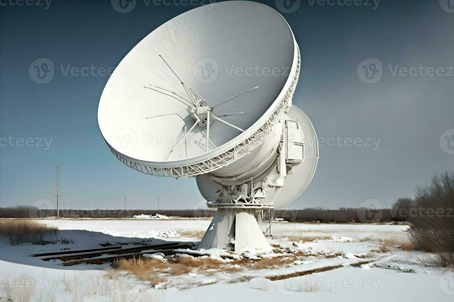 Group of radio telescope satellite dishes. VLA Very Large Array in sandy area. Neural network generated art photo