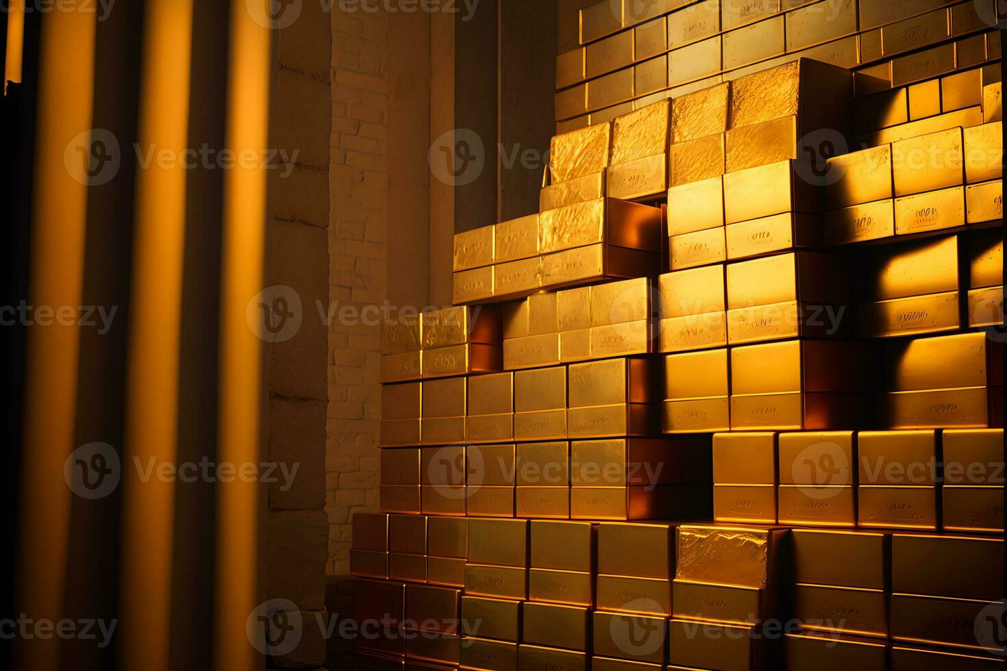 Stacks of gold bullion and safe deposit boxes in bank depository room. Neural network generated art photo