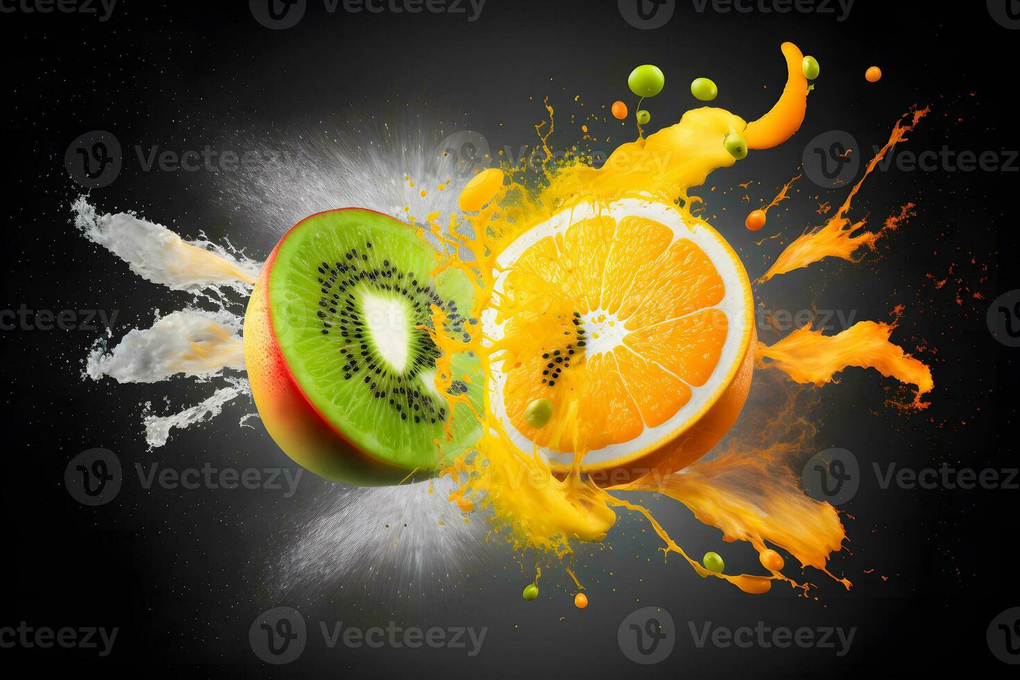 Qiwi and orange explosion splash moment on black background. Neural network generated art photo