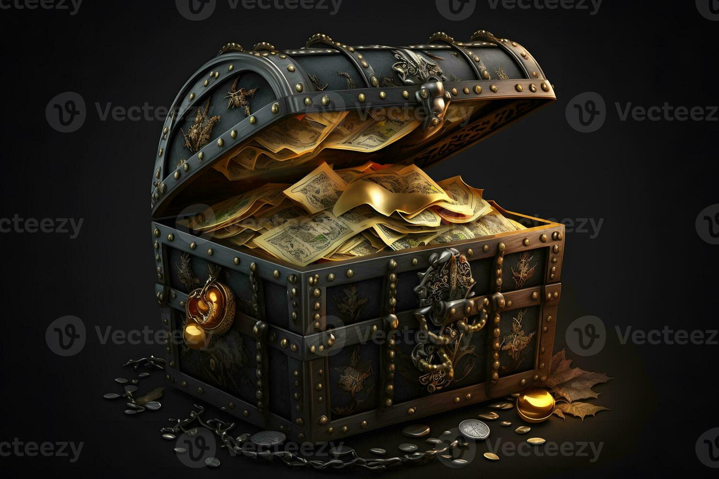 Open treasure chest filled with gold coins and expensive pirates loot on black background. Neural network generated art photo