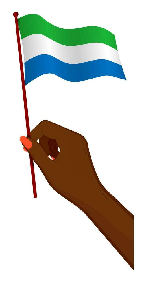 Female hand gently holds small flag of Republic of Sierra Leone. Holiday design element. Cartoon vector on white background