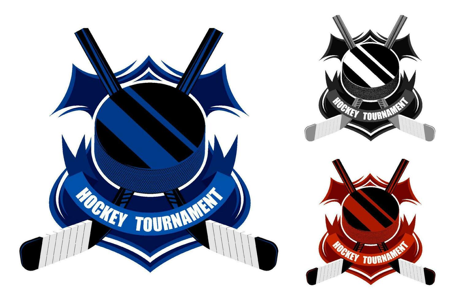 ice hockey sporting emblems. Sport black rubber puck and crossed sticks for ice hockey on background of stylized shield. Tournament symbol. Easy to edit color. Vector