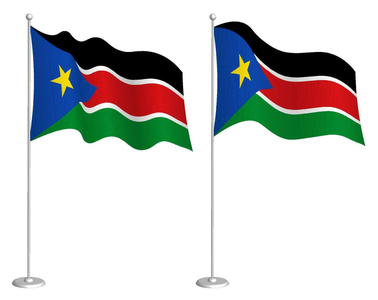 South Sudan flag on flagpole waving in wind. Holiday design element. Checkpoint for map symbols. Isolated vector on white background