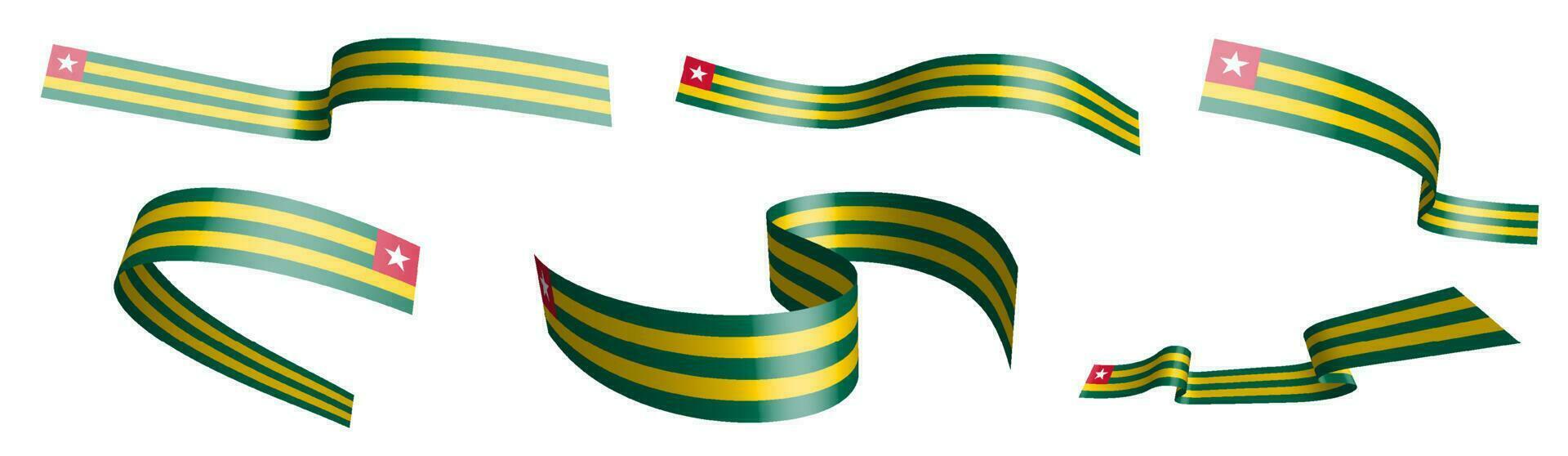 Set of holiday ribbons. Flag of Togolese Republic flag waving in wind. Separation into lower and upper layers. Design element. Vector on white background