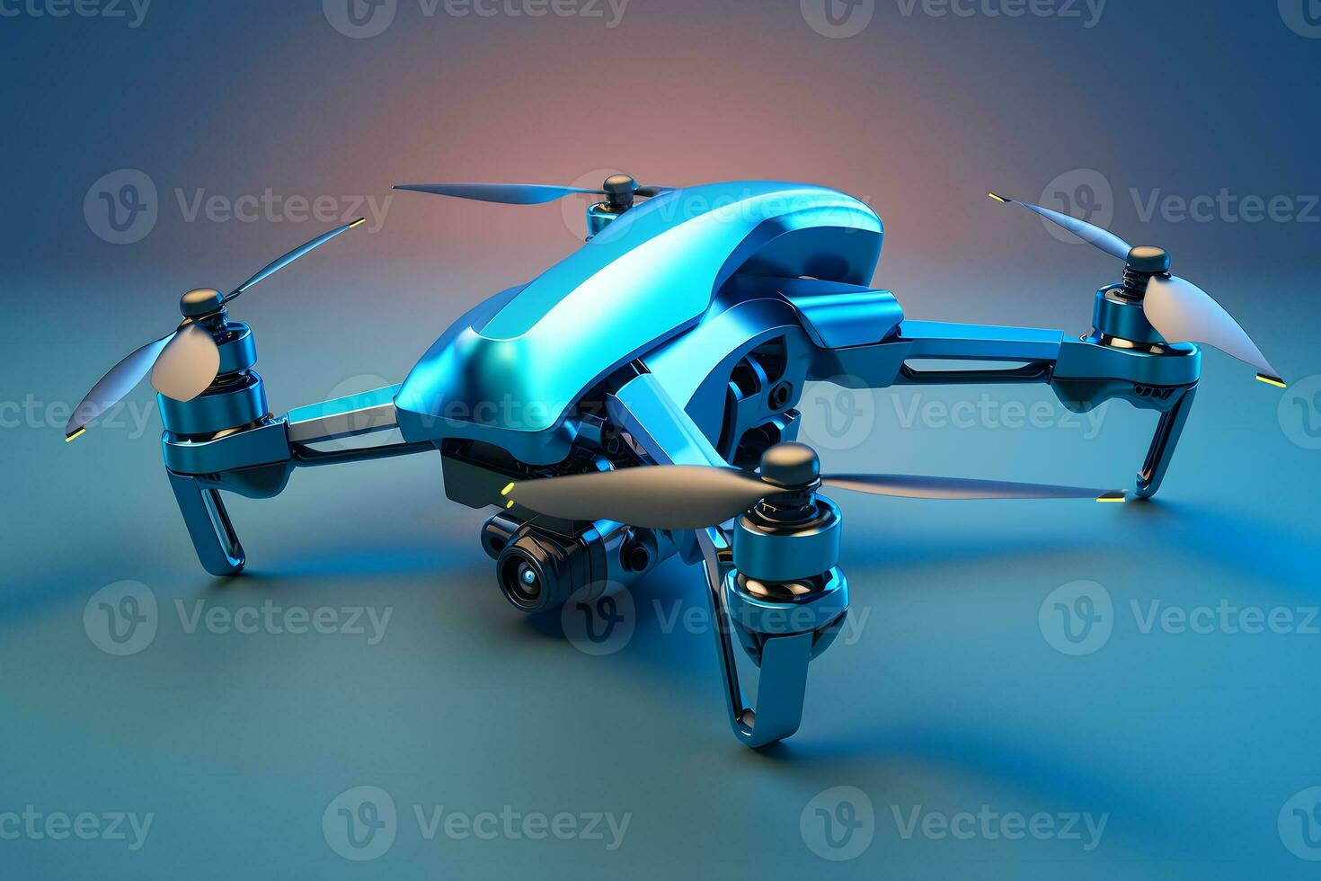 Realistic quadrocopter drone with propeller fans on glowing blue background. Neural network generated art photo