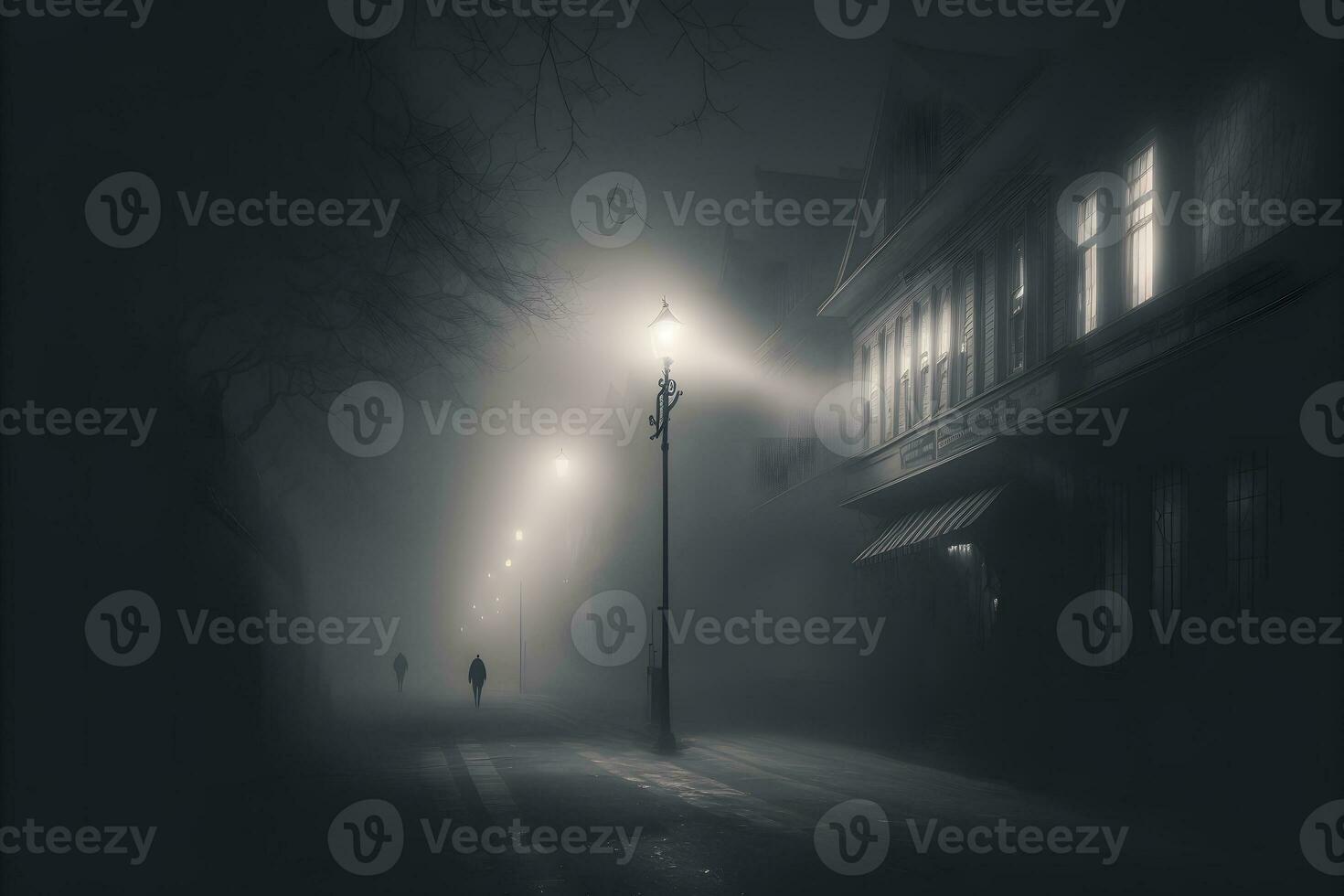 Silhouette in misty alley at night city street, mystery and horror foggy cityscape atmosphere. Neural network generated art photo