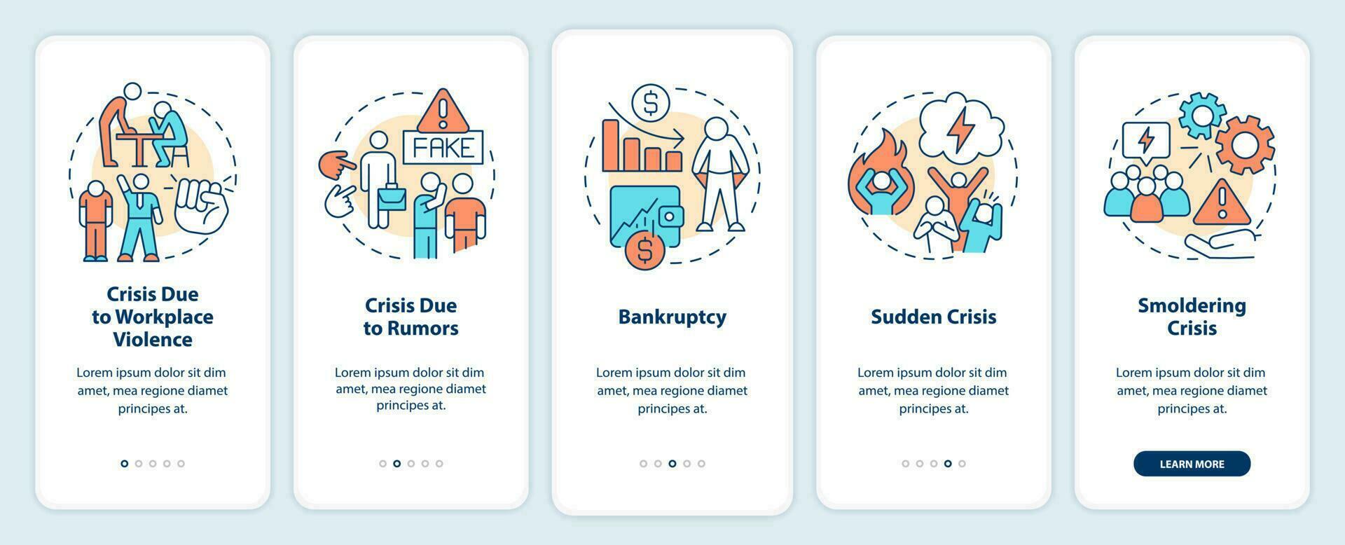 Types of risks onboarding mobile app screen. Business issues walkthrough 5 steps editable graphic instructions with linear concepts. UI, UX, GUI template vector