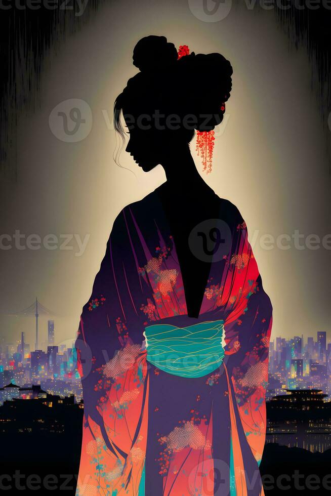 Japanese kitsune woman wearing a kimono looking to oriental city. Neural network generated art photo