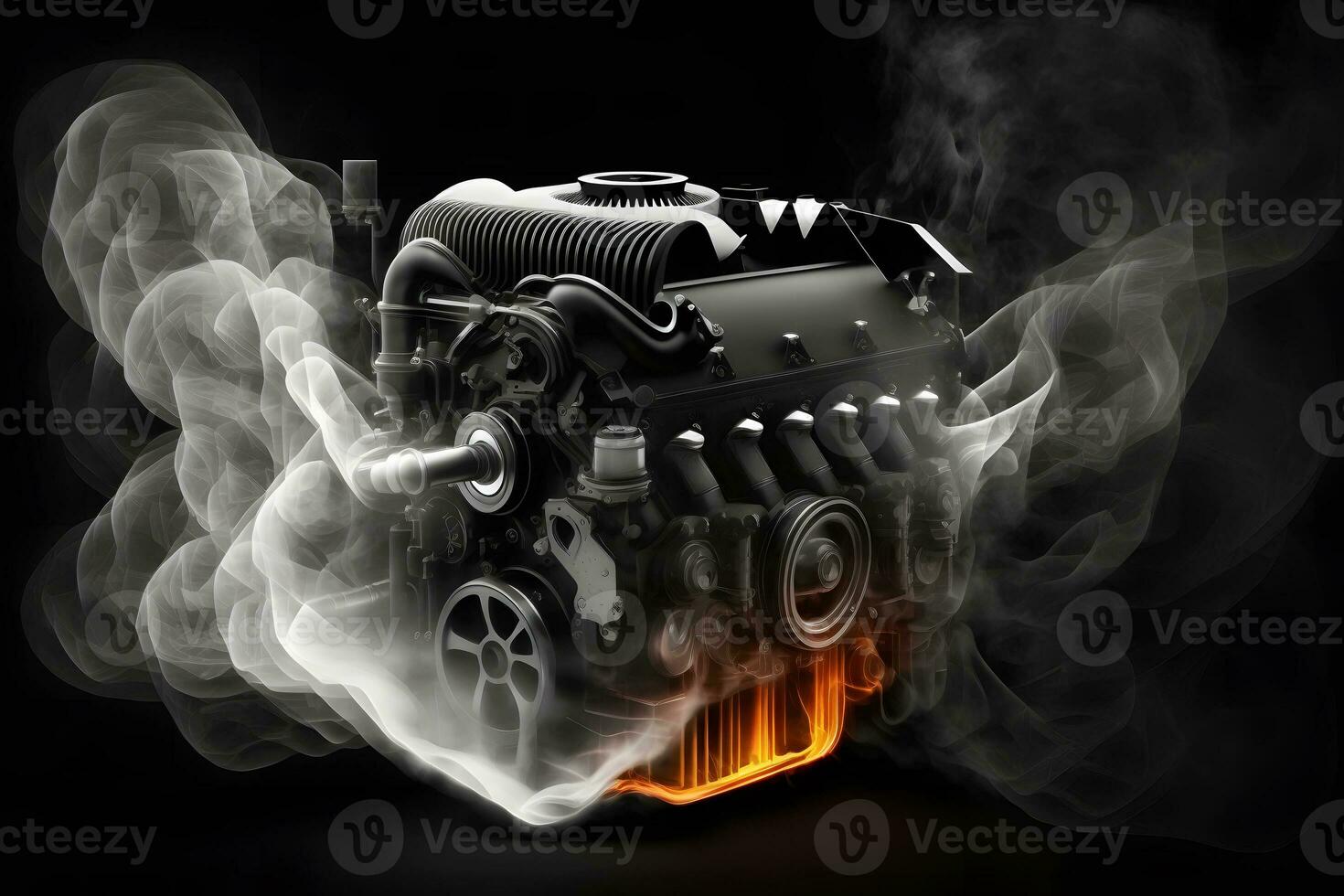 Modern car engine on deep solid black background. Neural network generated art photo