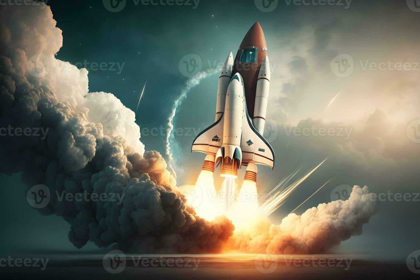 New Ship flies to another planet. Spaceship takes off into the starry sky Rocket starts into space. Neural network generated art photo