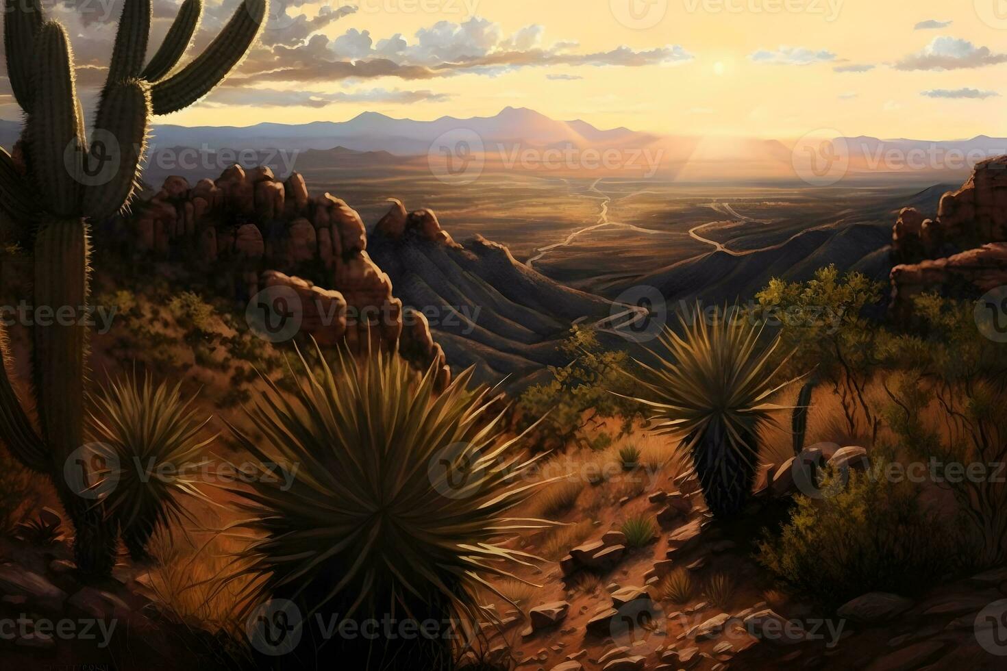 Red rock canyon desert in Nevada panoramic landscape at evening. Neural network generated art photo