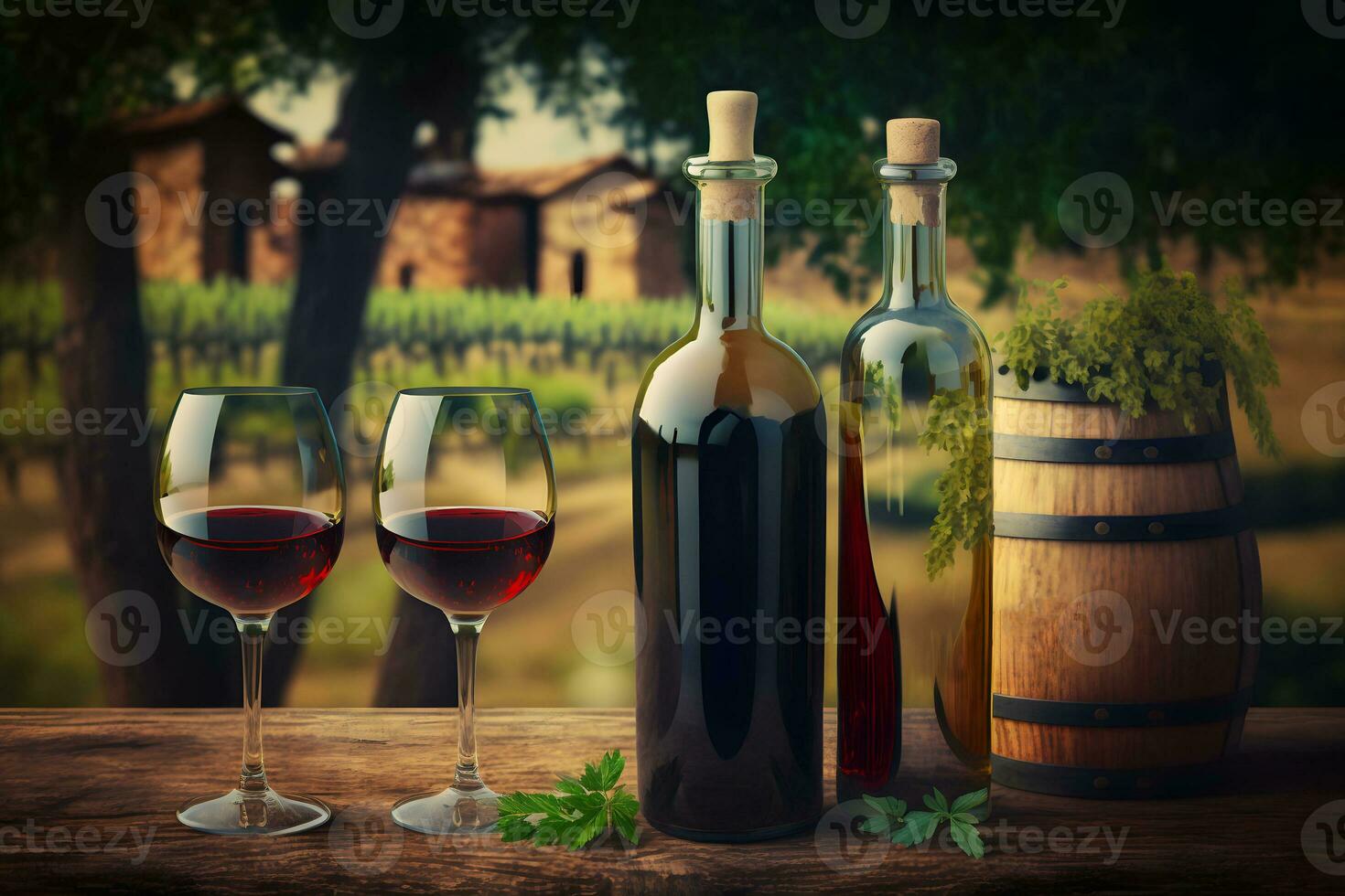 Red wine tasting in the wine cellar, wineglass and bottles next to the window. Neural network generated art photo