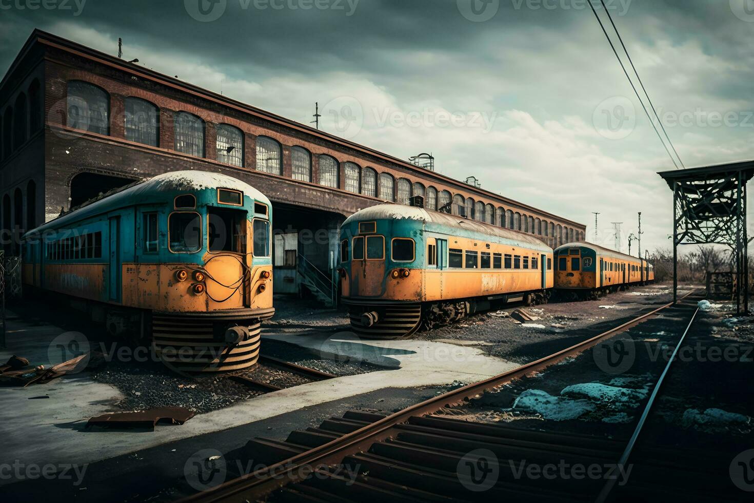 NYC old outdated subway cars in a metro depot in daytime. Neural network generated art photo