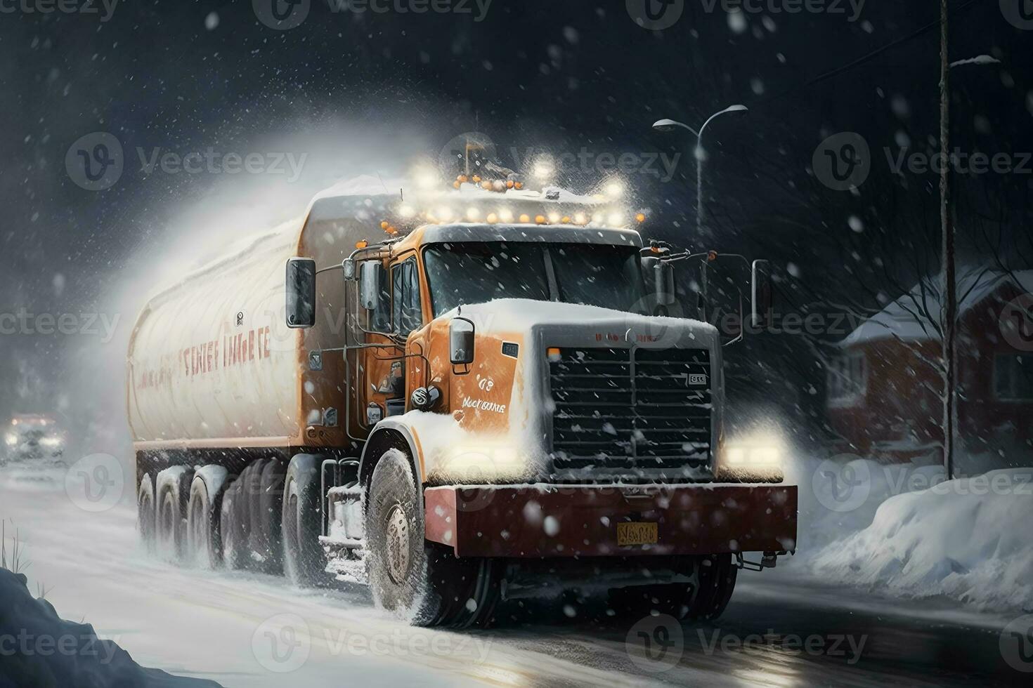Snow plow truck cleaning snowy road in snowstorm. Snowfall on the driveway. Neural network generated art photo