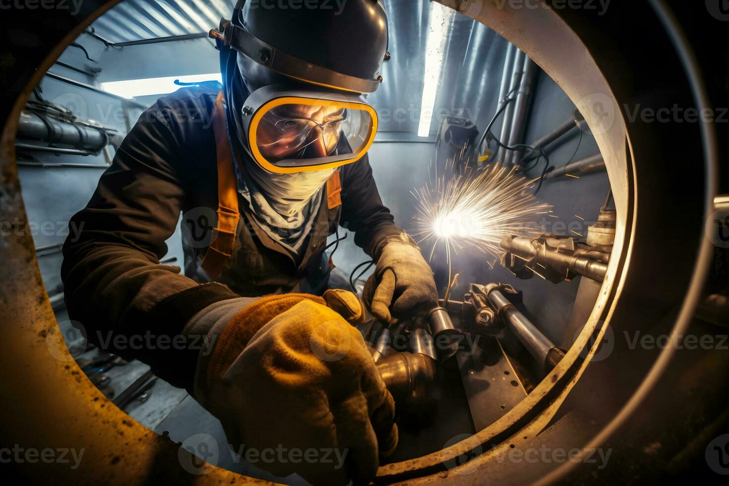 soldador trabajos con industrial automotor parte en metal fábrica. neural red generado Arte foto