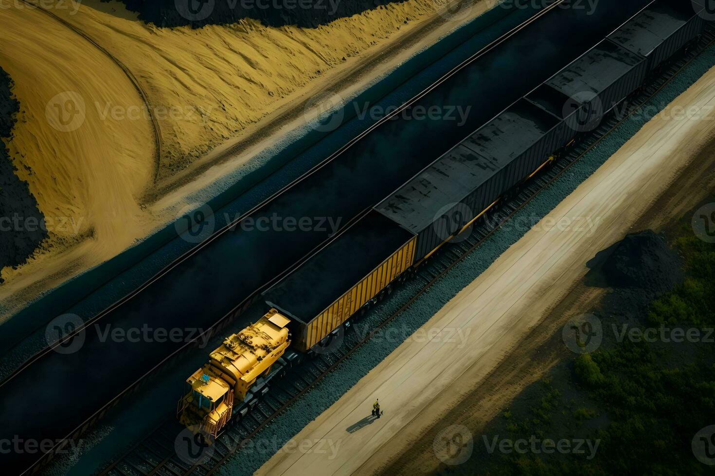 Open pit mine, extractive industry for coal. Big yellow mining truck machinery for coal quarry. Neural network generated art photo