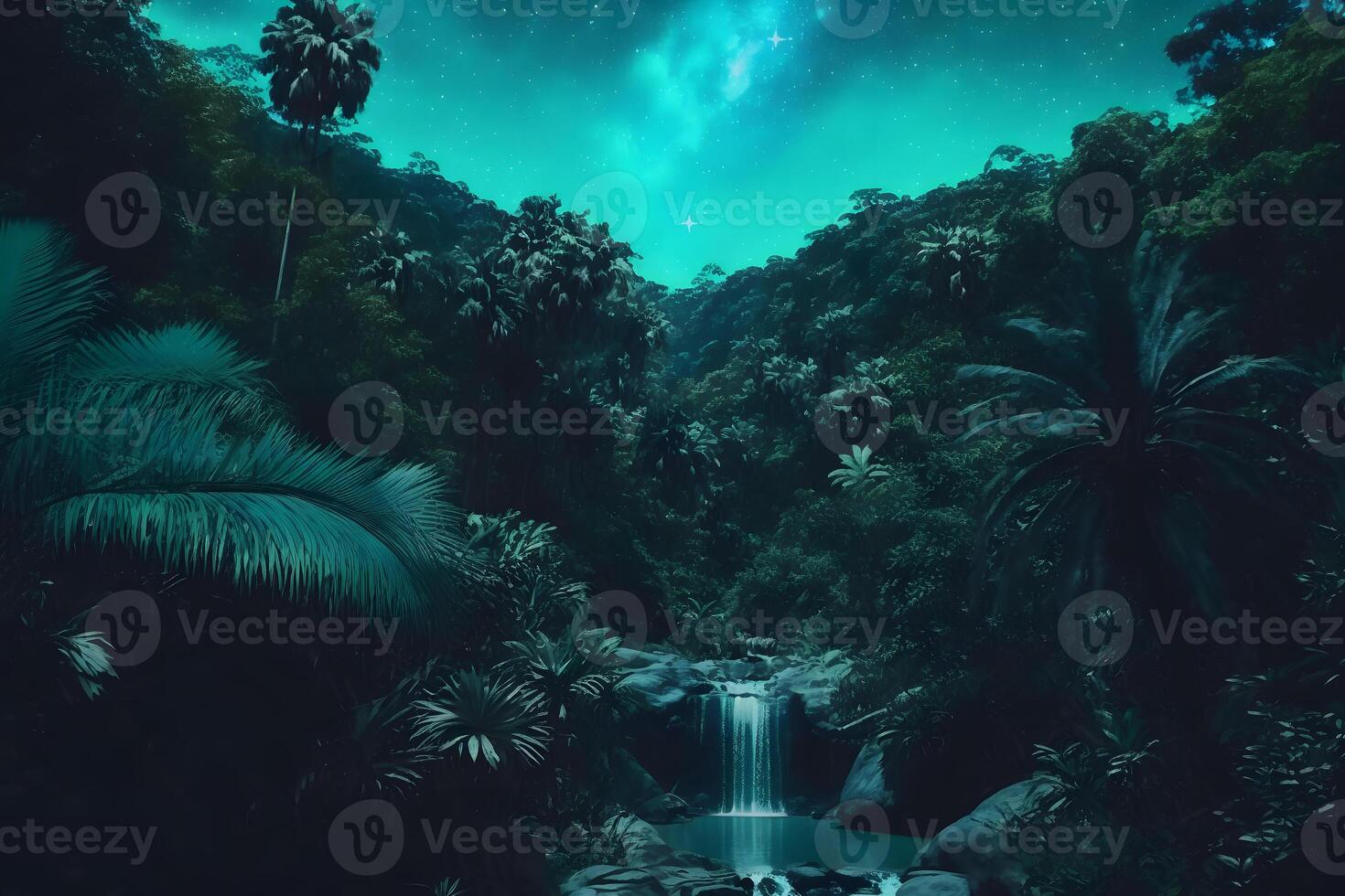 Fantasy beautiful futuristic landscape with a waterfall. Neural network photo