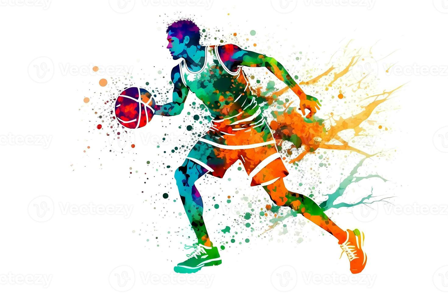 Basketball watercolor splash player in action with a ball isolated on white background. Neural network generated art photo