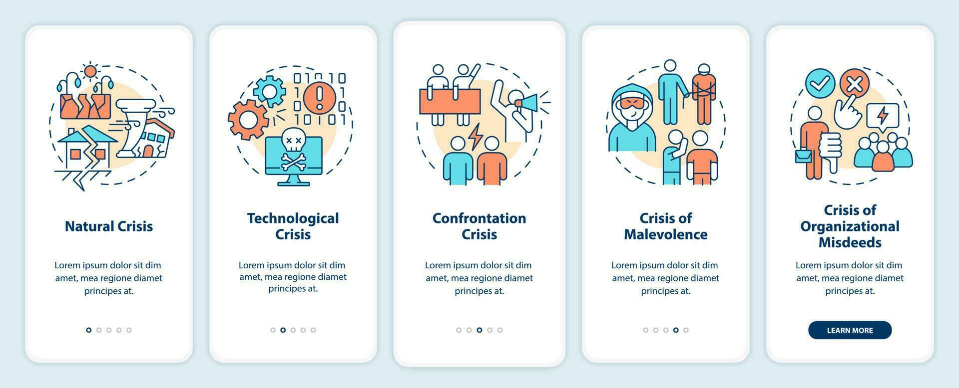 Types of crisis onboarding mobile app screen. Business risks walkthrough 5 steps editable graphic instructions with linear concepts. UI, UX, GUI template vector