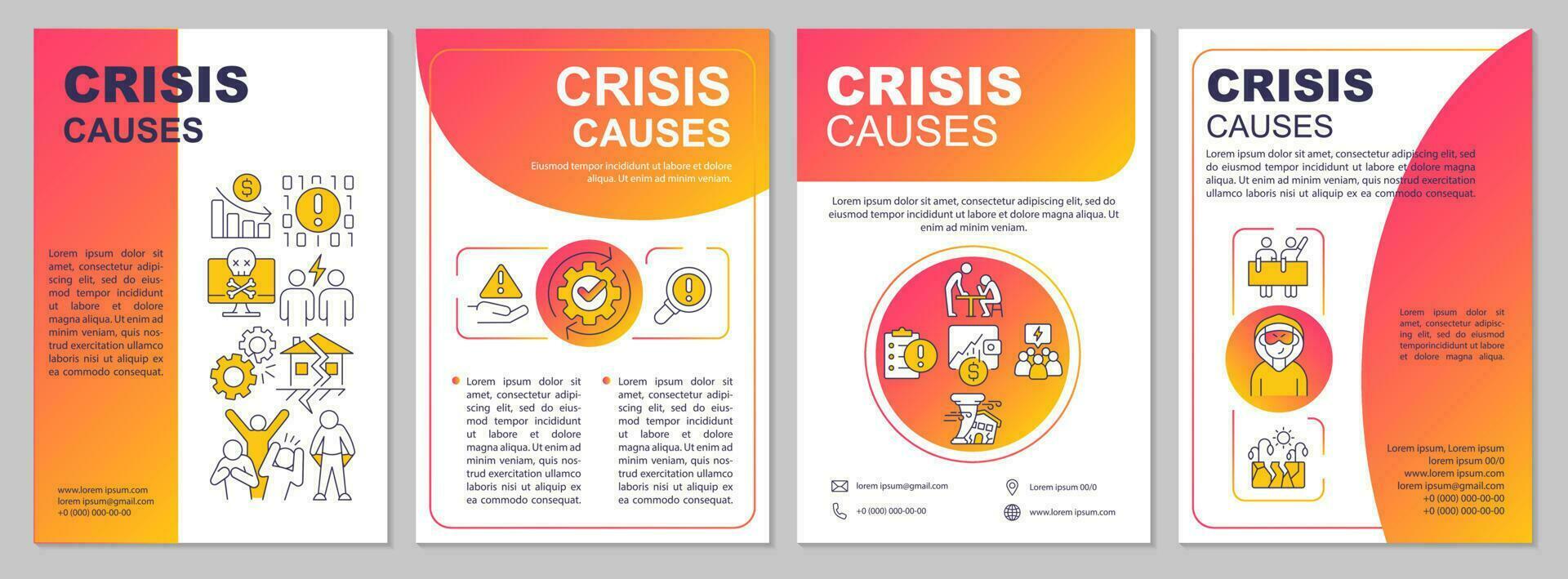 Crisis causes red gradient brochure template. Business risks. Leaflet design with linear icons. 4 vector layouts for presentation, annual reports