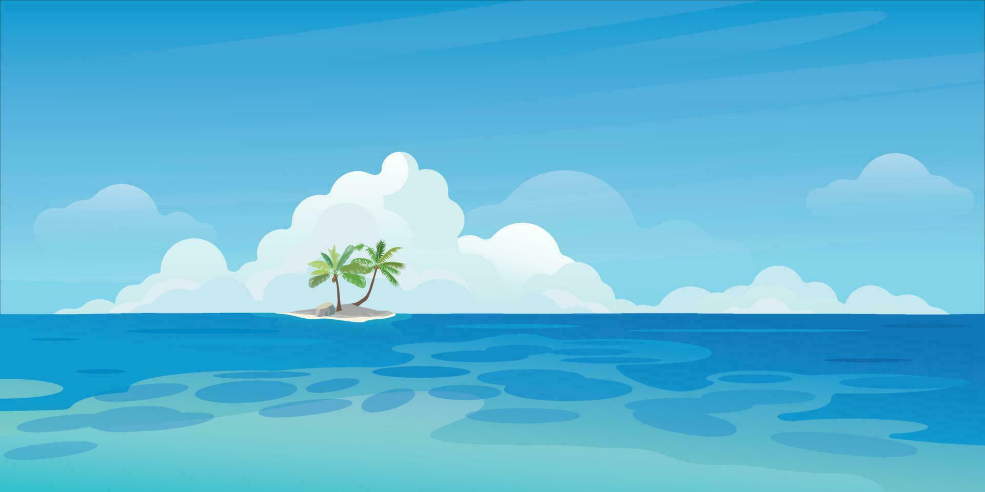 Small tropical island with palm trees in the ocean flat design. Travel concept vector illustration background.