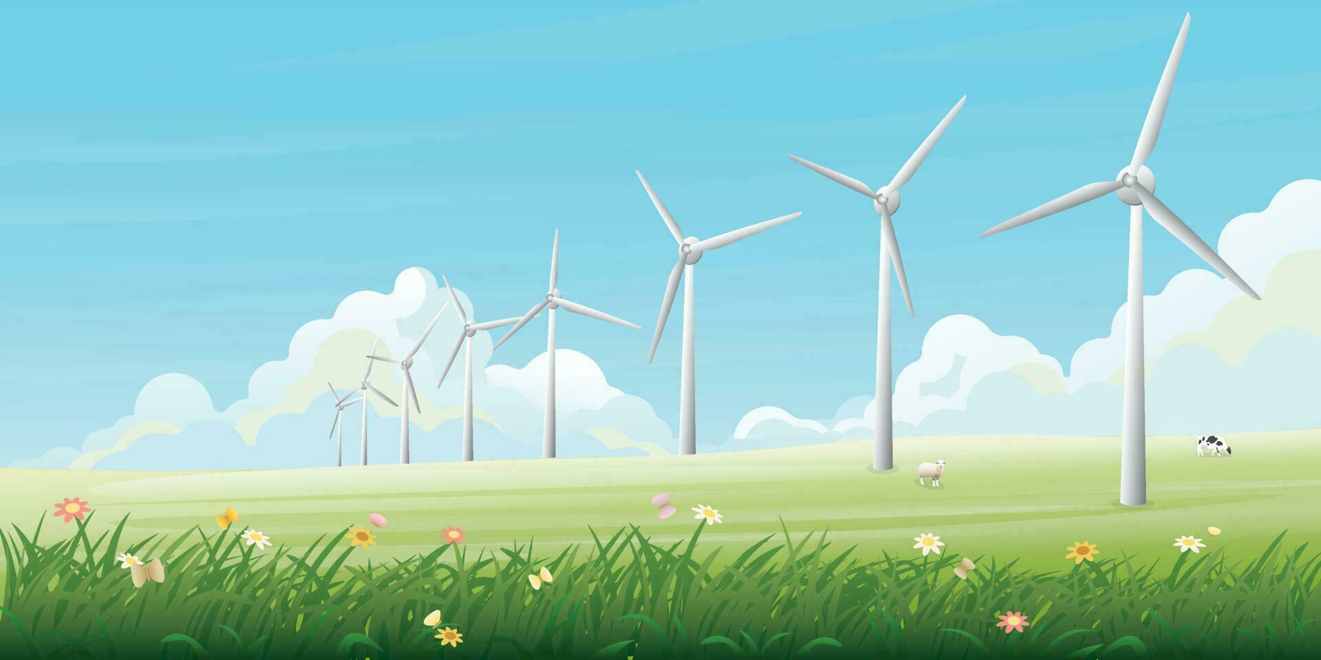 Countryside fields landscape with wind turbines and blue sky background flat design vector illustration. Sustainable renewable green energy concept.