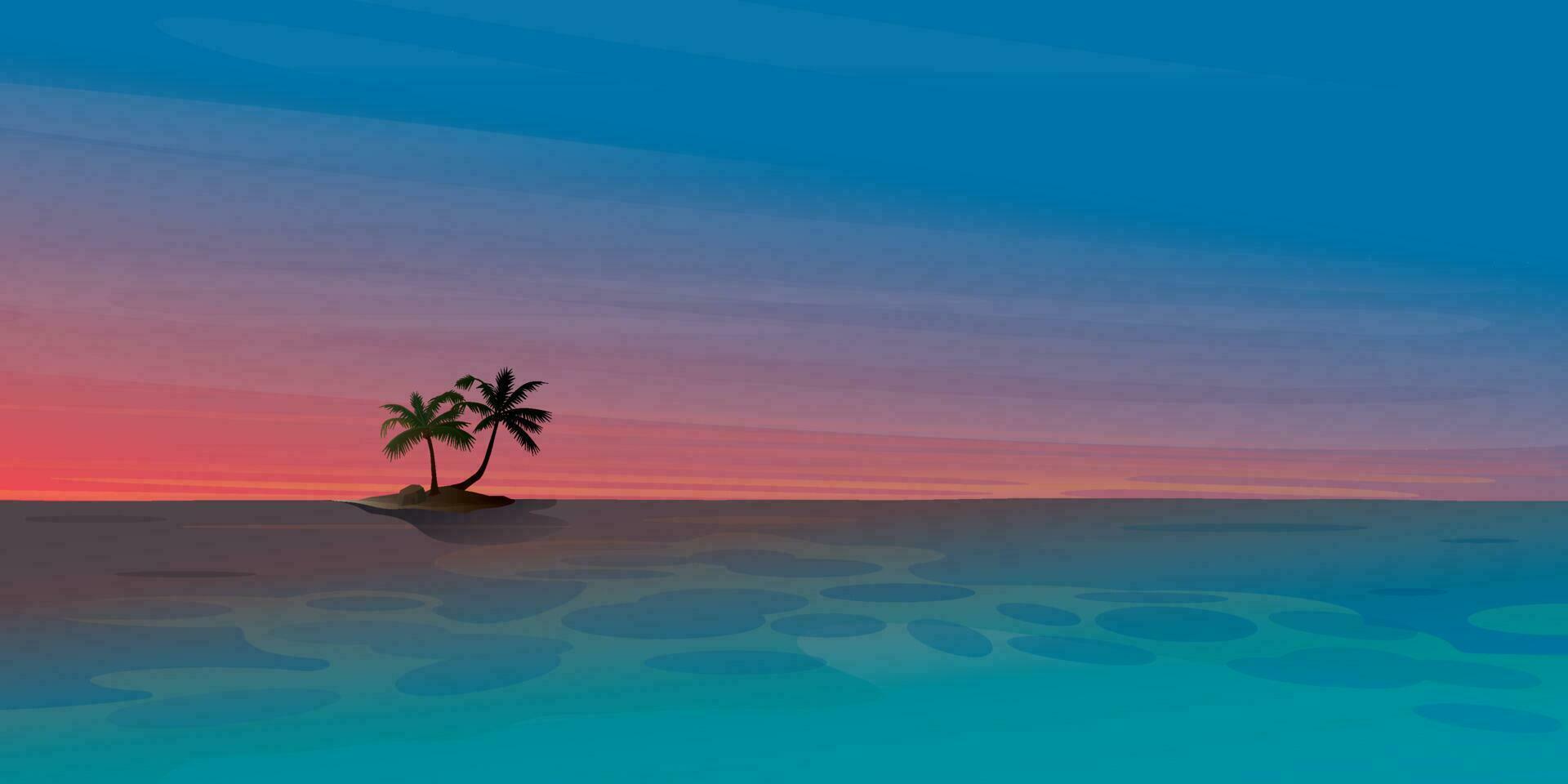 Sunset at the ocean with small tropical island and palm trees flat design. Travel concept vector illustration background.