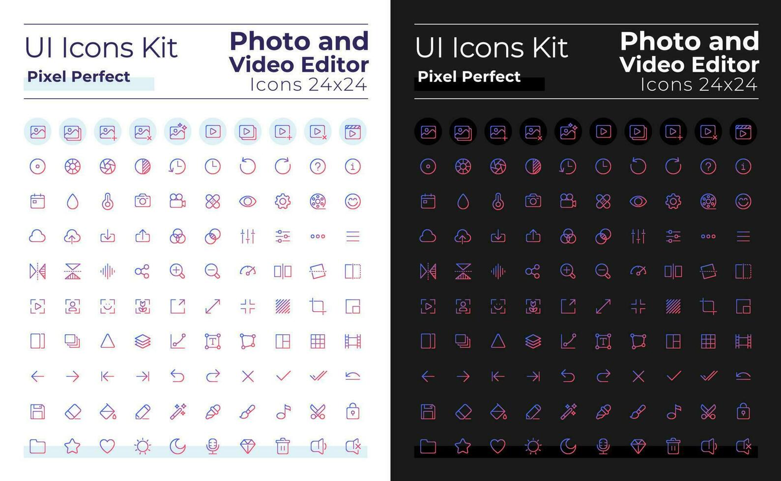 foto y vídeo editor píxel Perfecto degradado lineal ui íconos conjunto para oscuro, ligero modo. línea contorno usuario interfaz simbolos moderno estilo pictogramas. vector aislado contorno ilustraciones