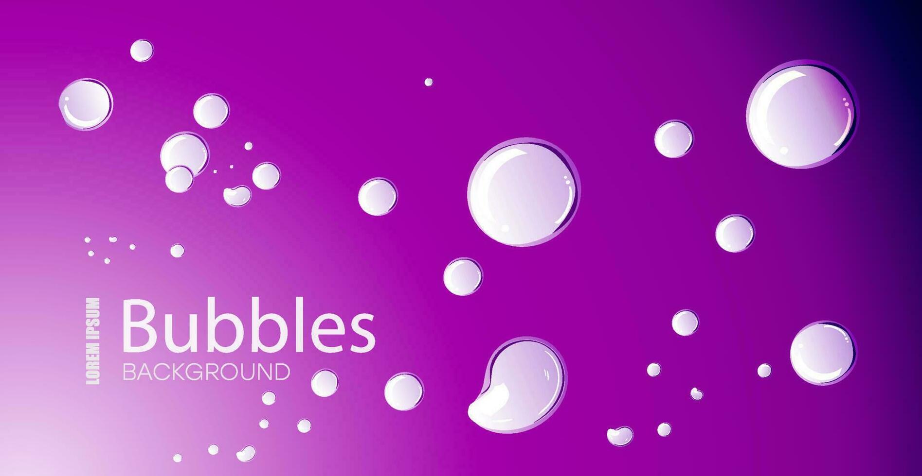 Liquid background with air bubbles, effervescent water. Dynamic aqua motion, randomly moving bubbles, on purple background, realistic 3d vector illustration.