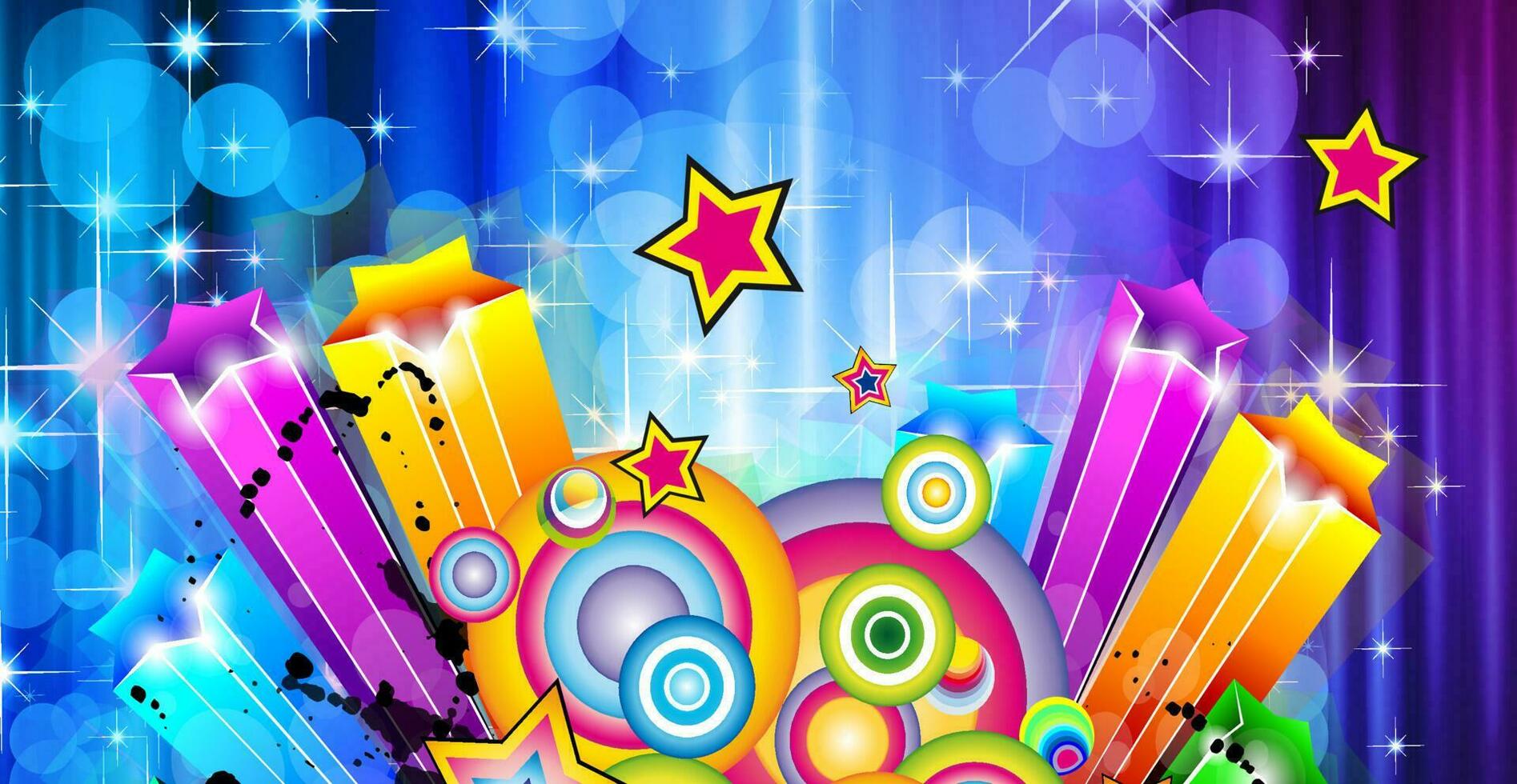 Abstract festive background for a party. Disco poster with neon stars and ribbon. Night club. vector