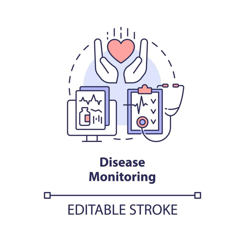 Disease monitoring concept icon. Tracking and analysis. Chronic disease management abstract idea thin line illustration. Isolated outline drawing. Editable stroke vector