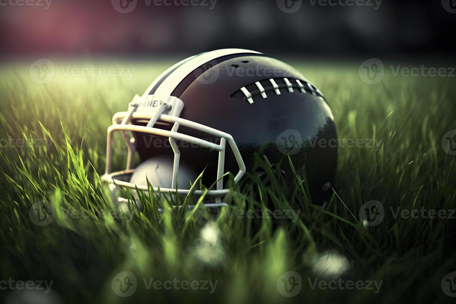 American football helmet on green grass. Neural network art photo