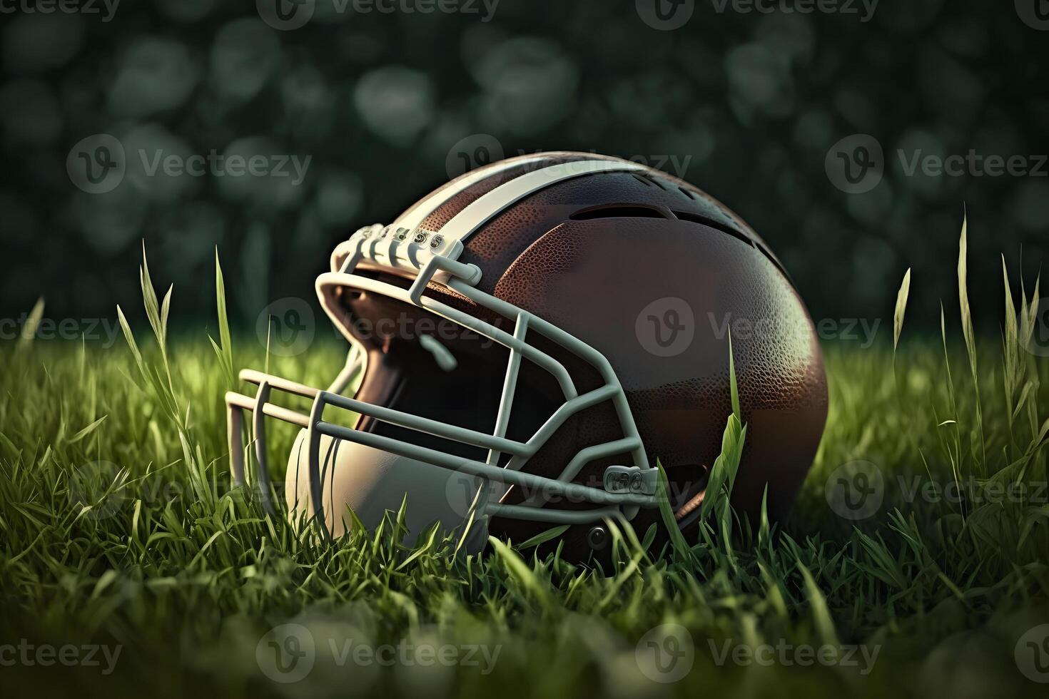 American football helmet on green grass. Neural network art photo