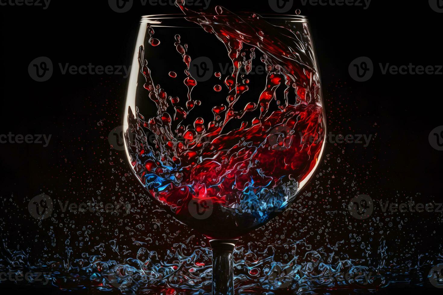 Glass with splash of red wine on black background. Neural network generated art photo