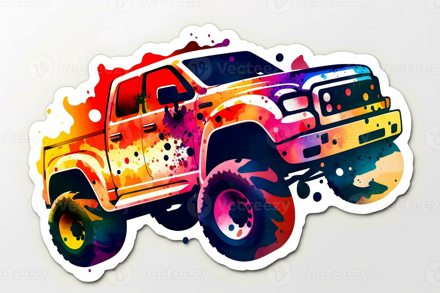 Monster truck sticker with multicolored paint splash. Neural network generated art photo